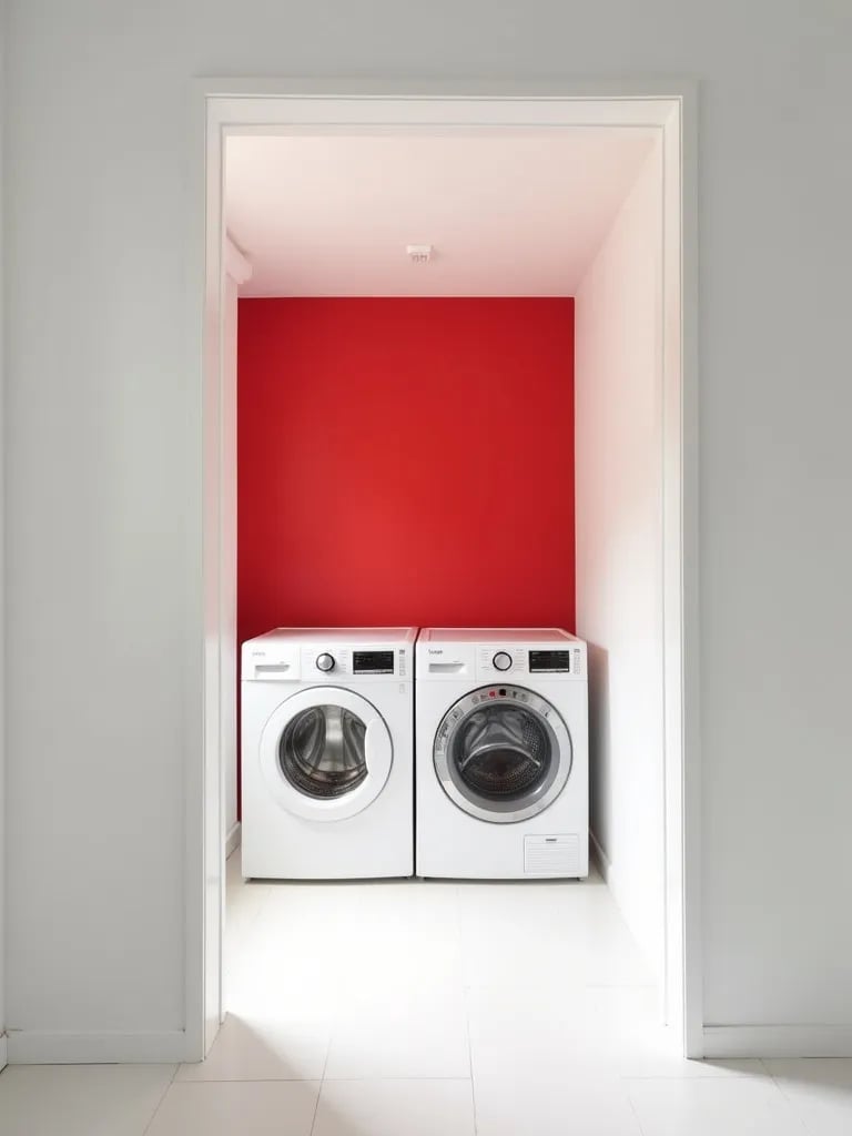 Laundry room with white walls and red accent wall behind appliances