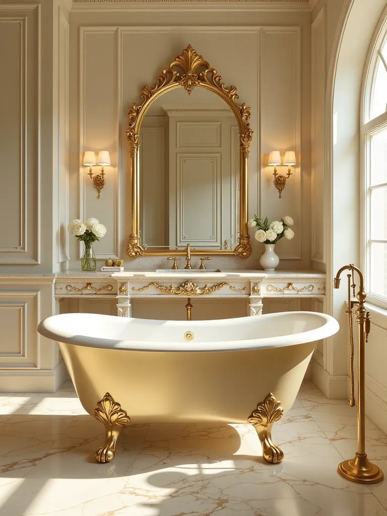 Lavish bathroom featuring gold accents, marble floors, and crystal details