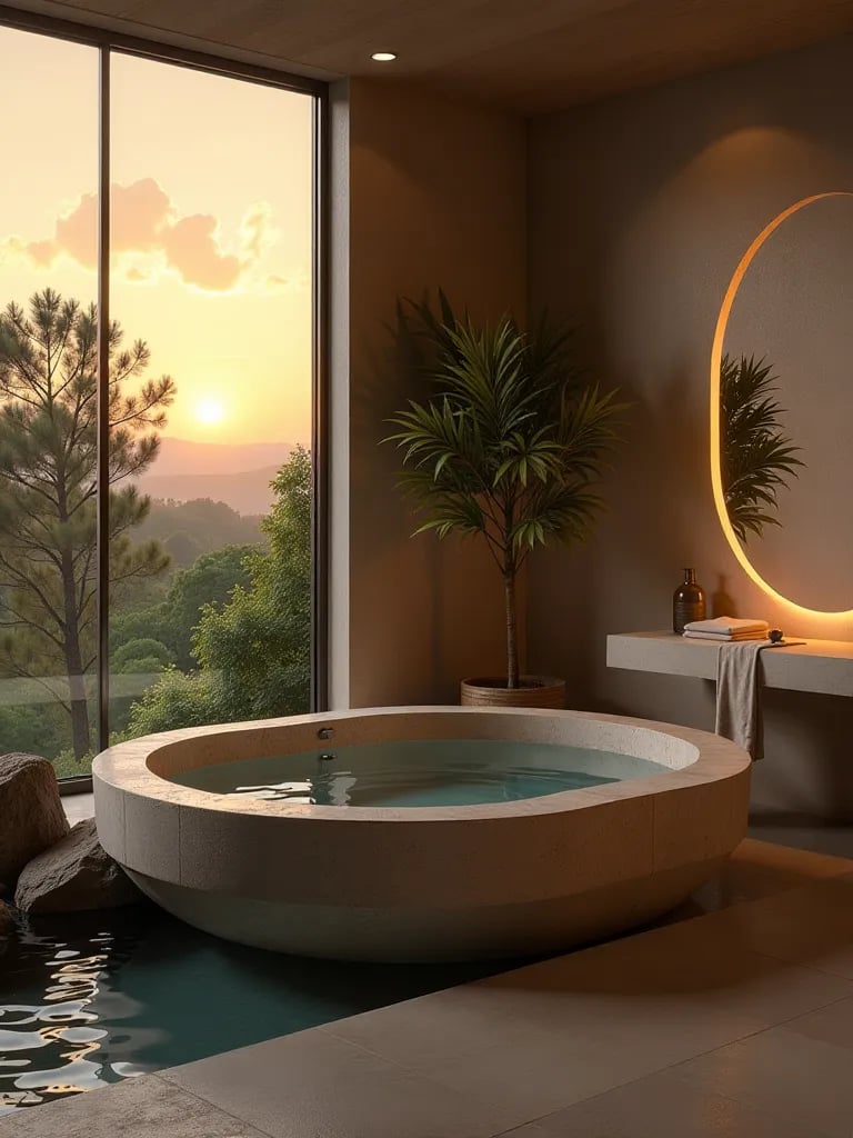 Lavish bathroom featuring warm marble flooring and modern amenities