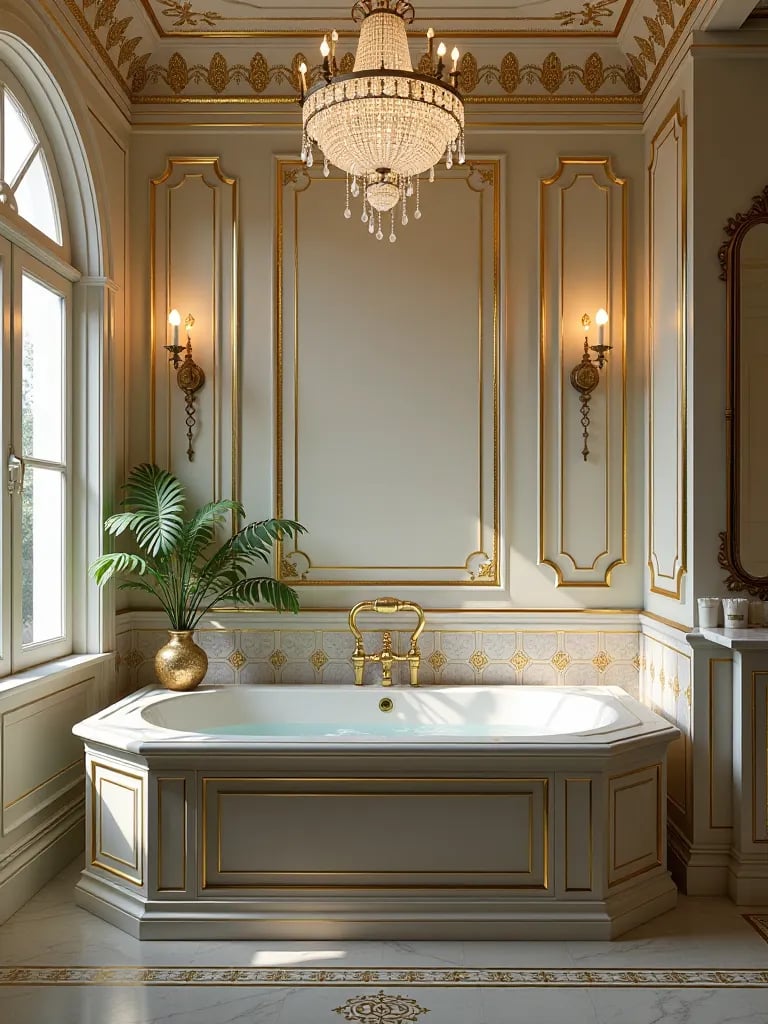 Lavish bathroom with sunken Jacuzzi, mosaic tiles, and crystal chandelier
