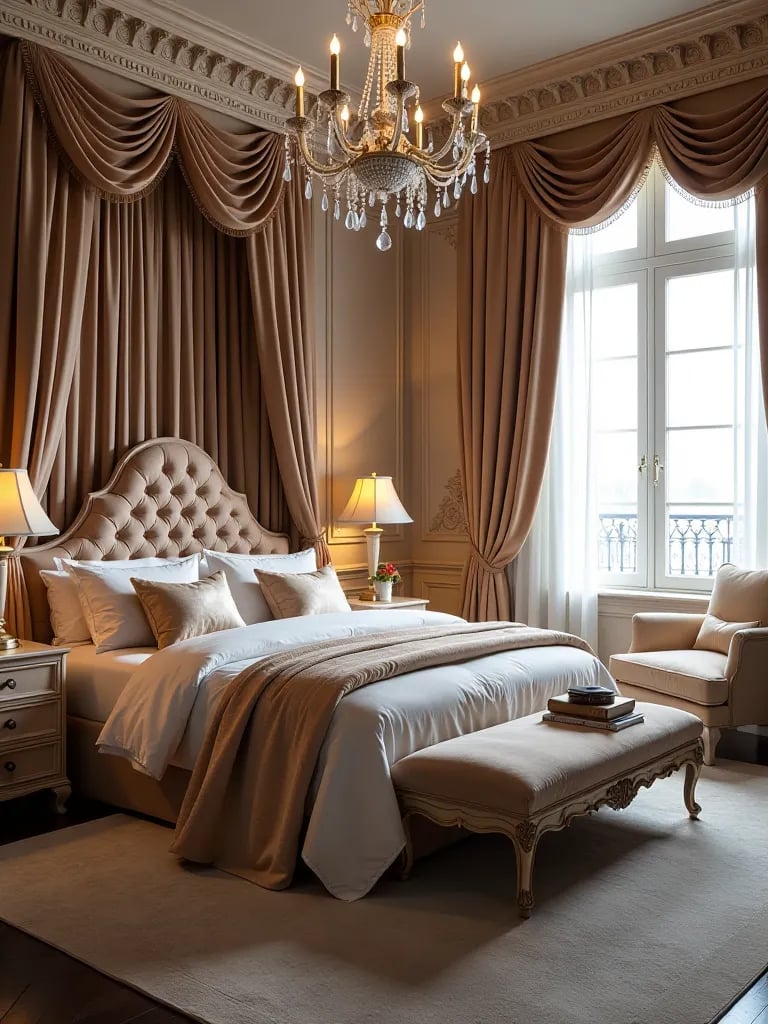 Lavish bedroom featuring tufted headboard and silk drapes