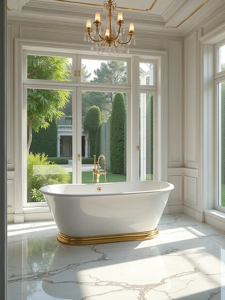 Lavish marble bathroom featuring gold accents and crystal chandelier