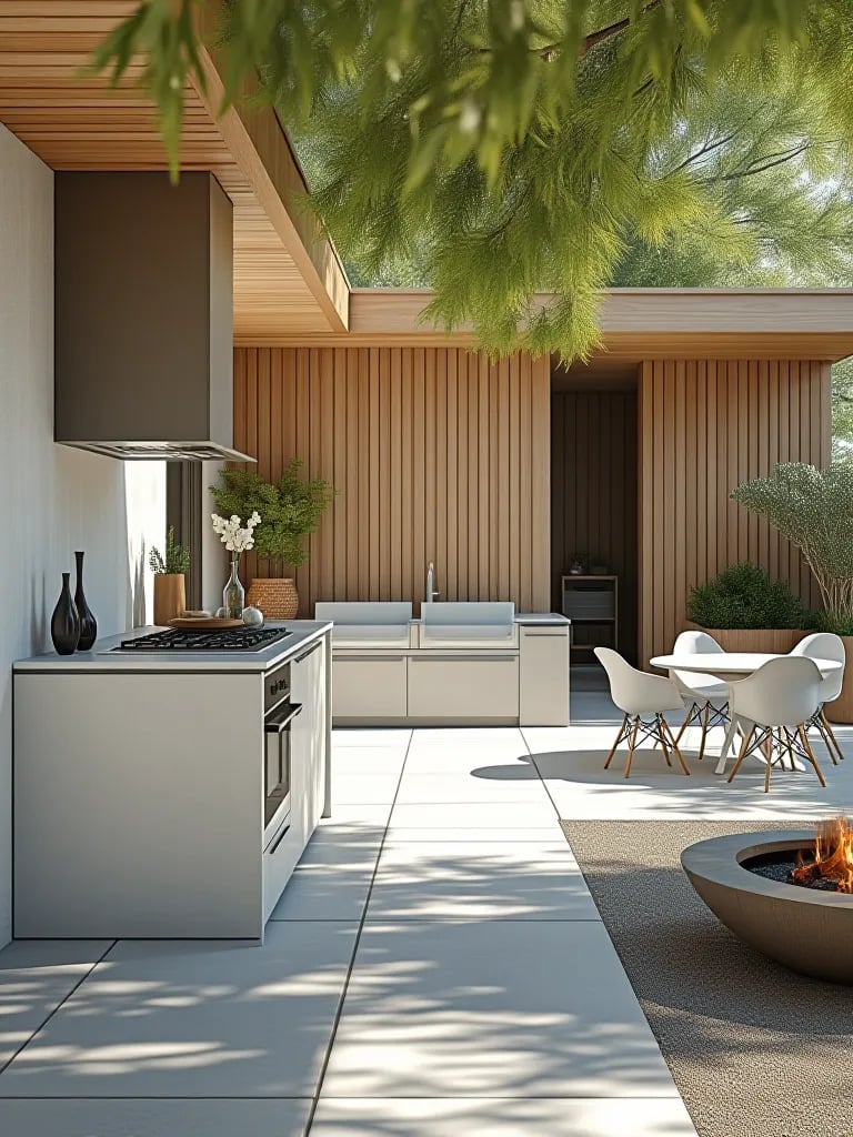 Light and airy Nordic inspired kitchen connected to geometric patio space