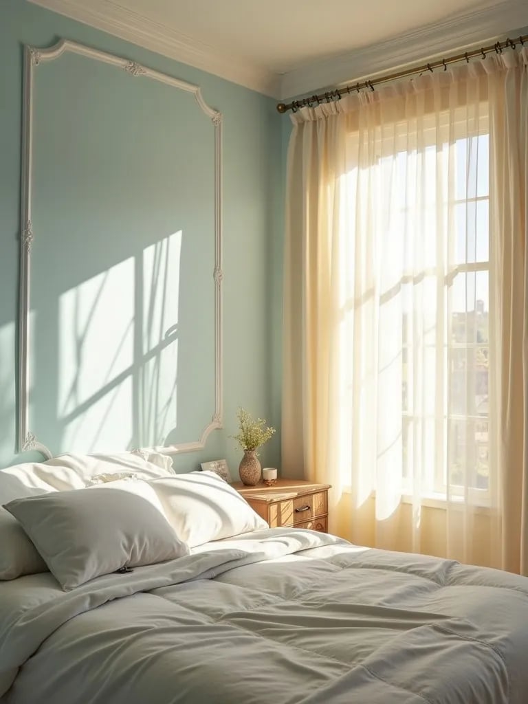 Light filled bedroom with soft blue walls and white accents