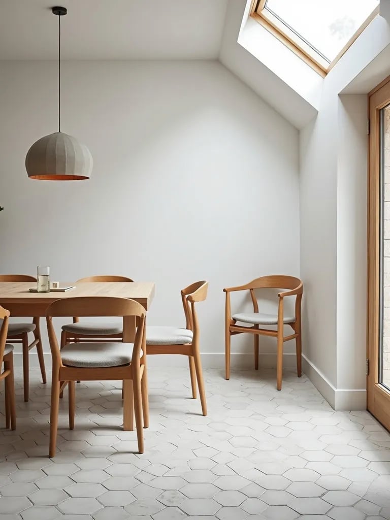 Light filled dining room with hexagonal ceramic tiles and Scandinavian style furniture