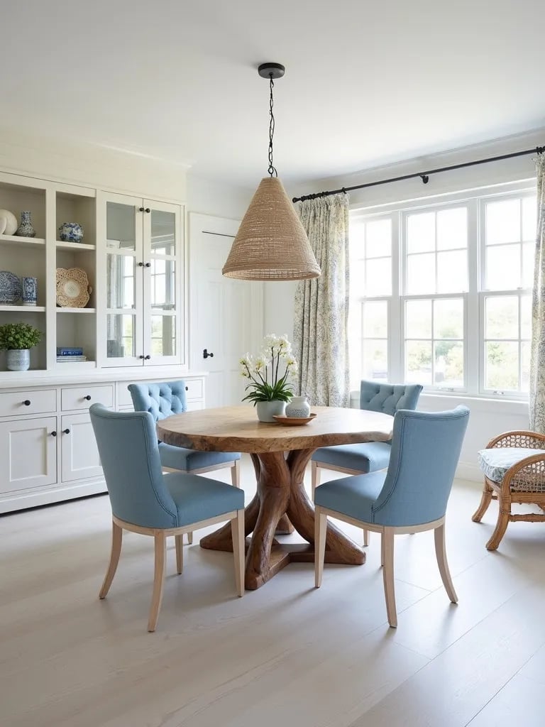 Light filled dining space featuring whitewashed oak floors
