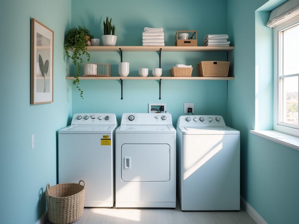 Light filled small laundry room with blue walls and white fixtures