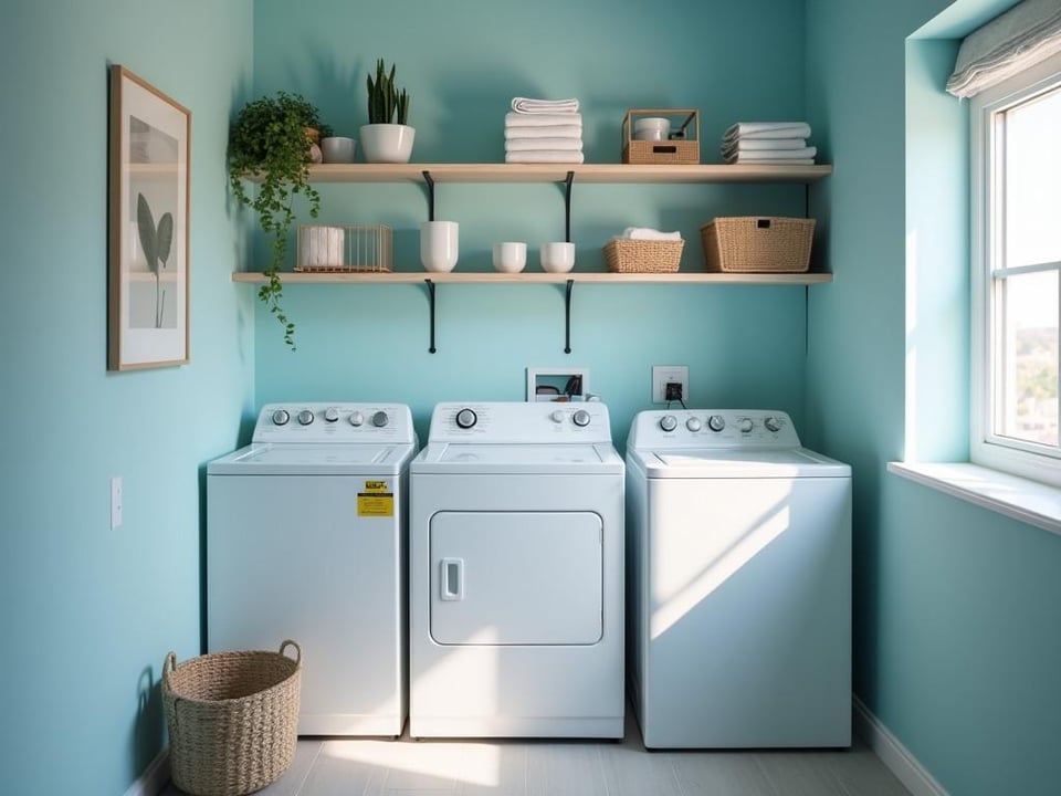 Light filled small laundry room with blue walls and white fixtures