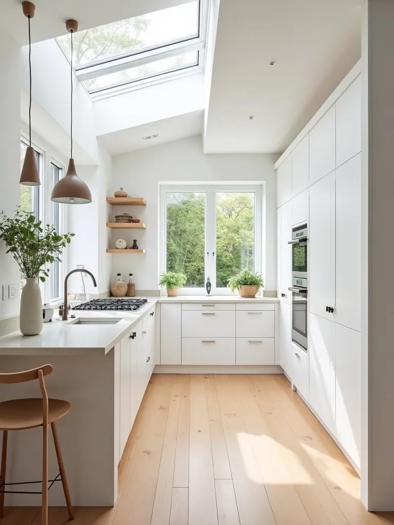 Light filled white kitchen with Scandinavian elements and breakfast nook