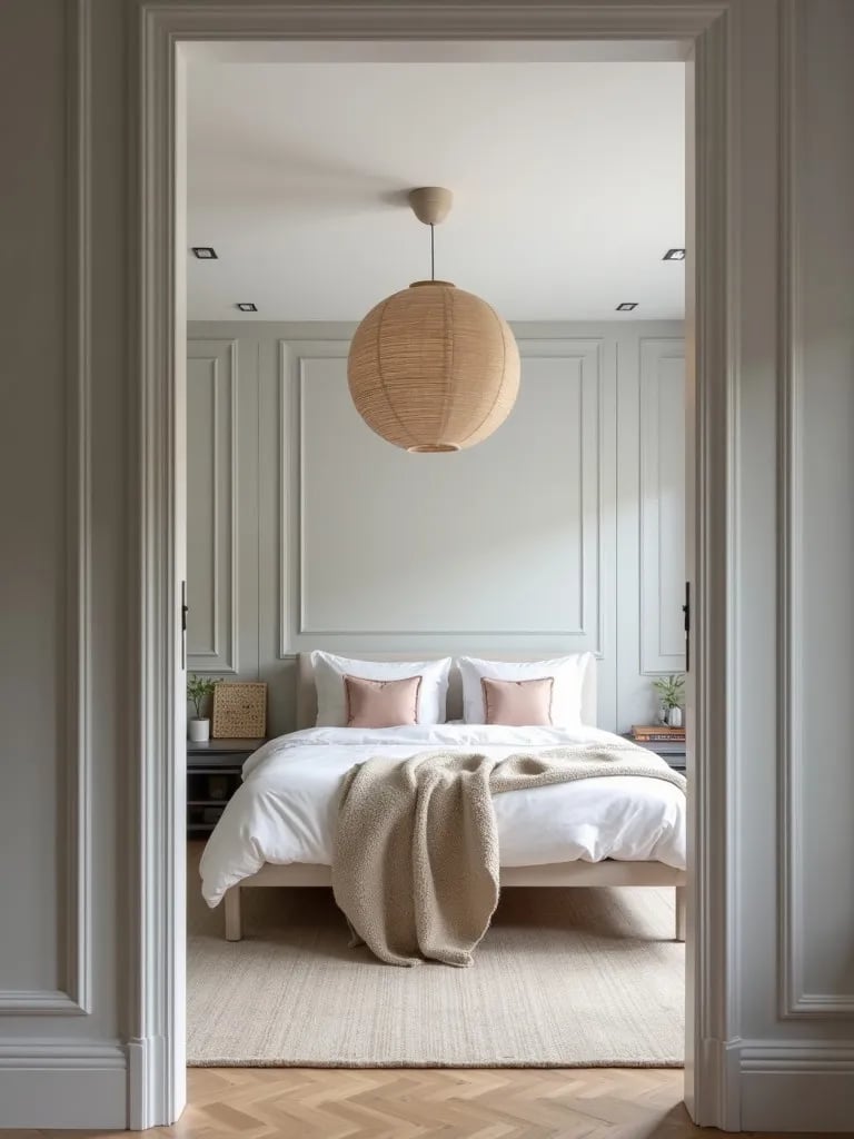 Light gray bedroom with recessed lights and large paper lantern