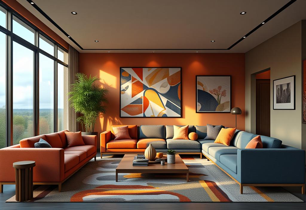 Living room with clashing colors and overpowering geometric wallpaper accent