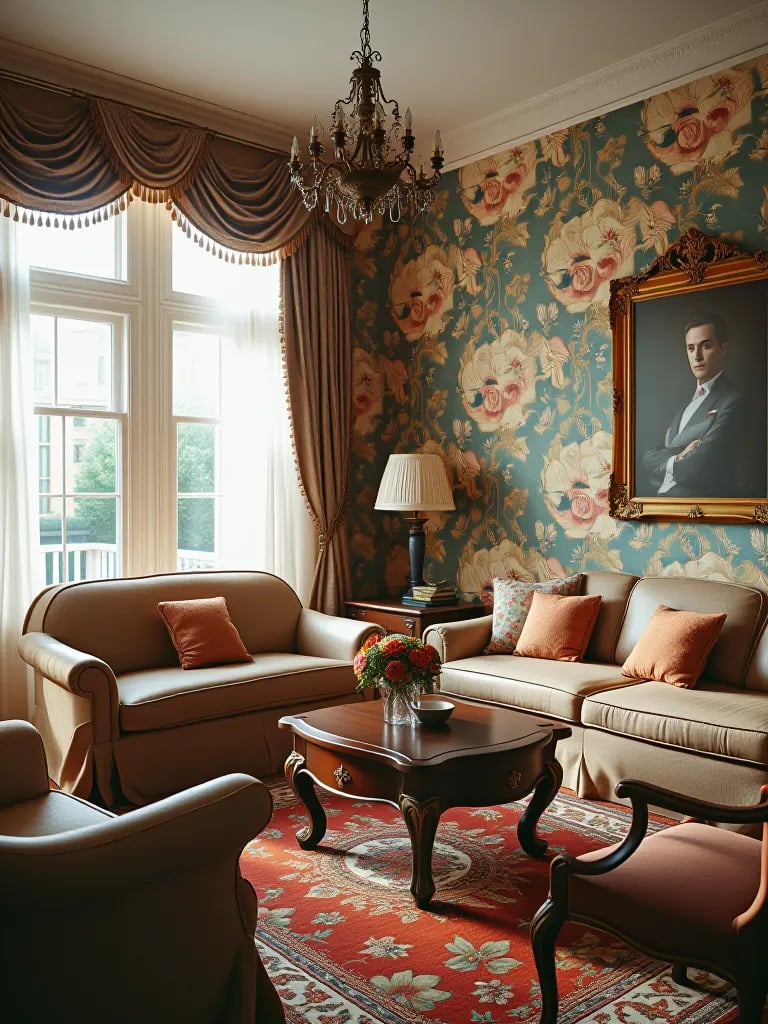 Living room with clashing floral wallpaper, patterned curtains, and busy area rug