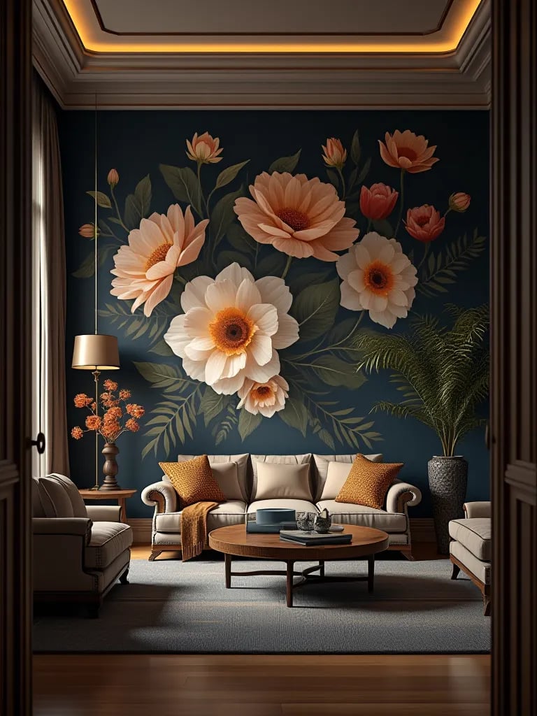 Living room with dark, oversized floral wallpaper making space appear smaller