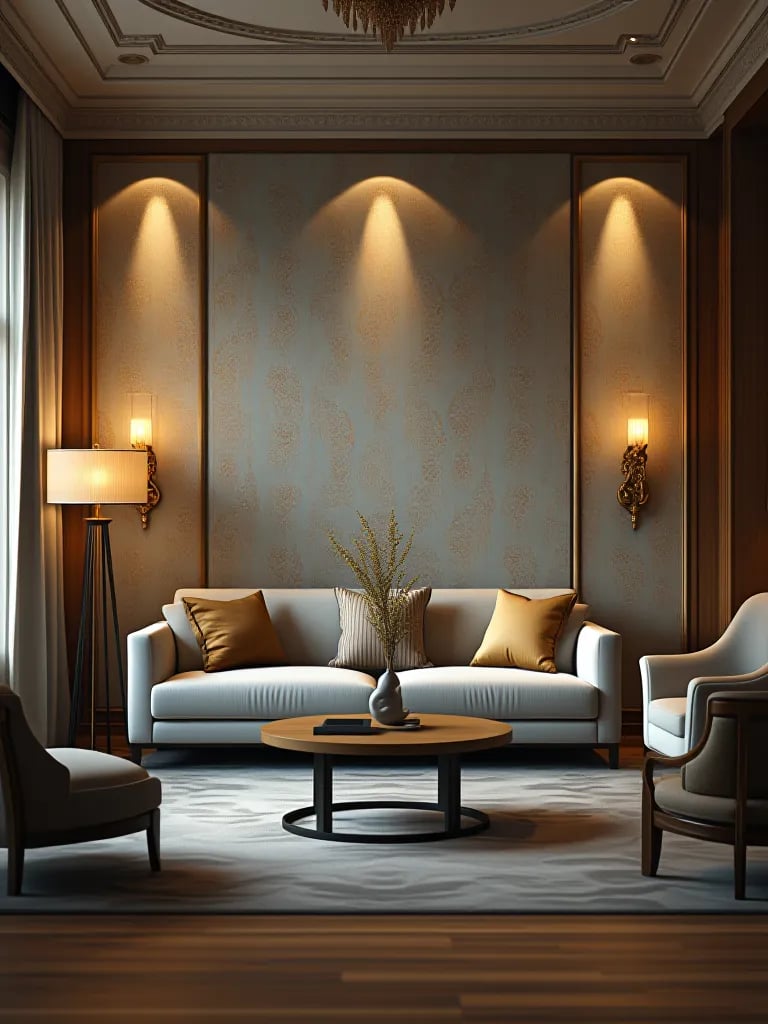 Living room with faded, outdated wallpaper contrasting modern furniture