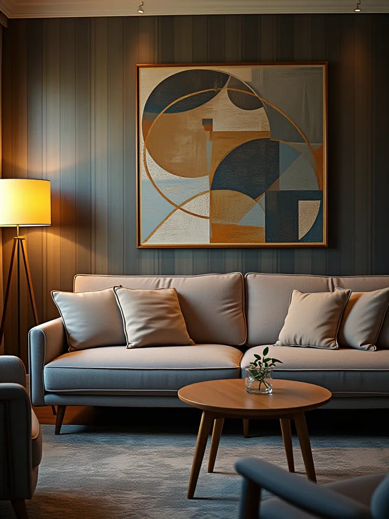 Living room with geometric wallpaper accent wall and mid century modern furniture