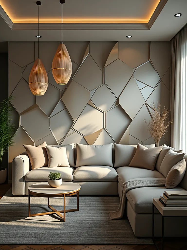Living room with misaligned geometric wallpaper showing visible seams