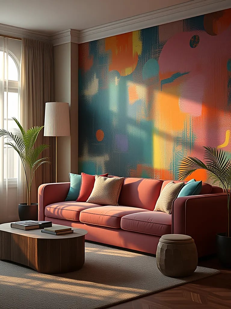 Living room with vibrant wallpaper clashing with furniture colors