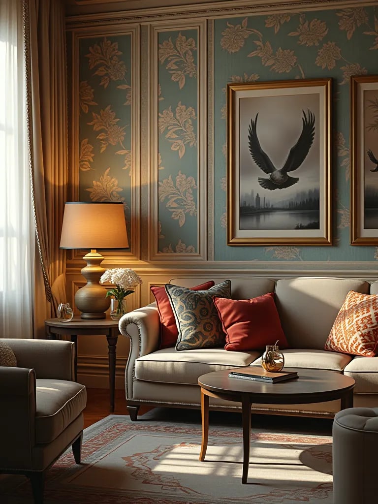 Living room with wallpaper accent wall abruptly ending at room corner