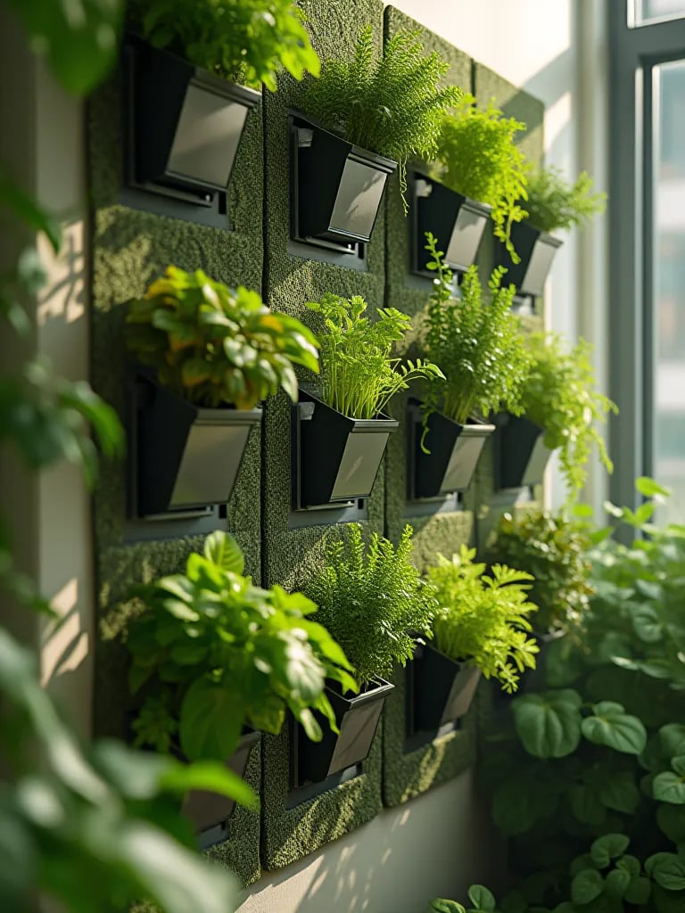 Living wall with diverse herbs and leafy greens in vertical planters
