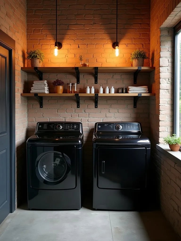 Loft inspired laundry room with brick wallpaper and Edison bulb lighting