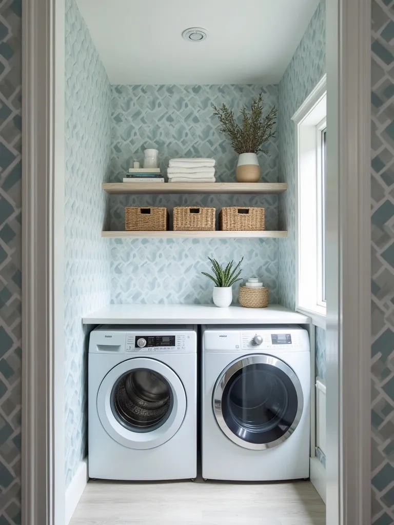 Long, narrow laundry room featuring blue and gray geometric wallpaper