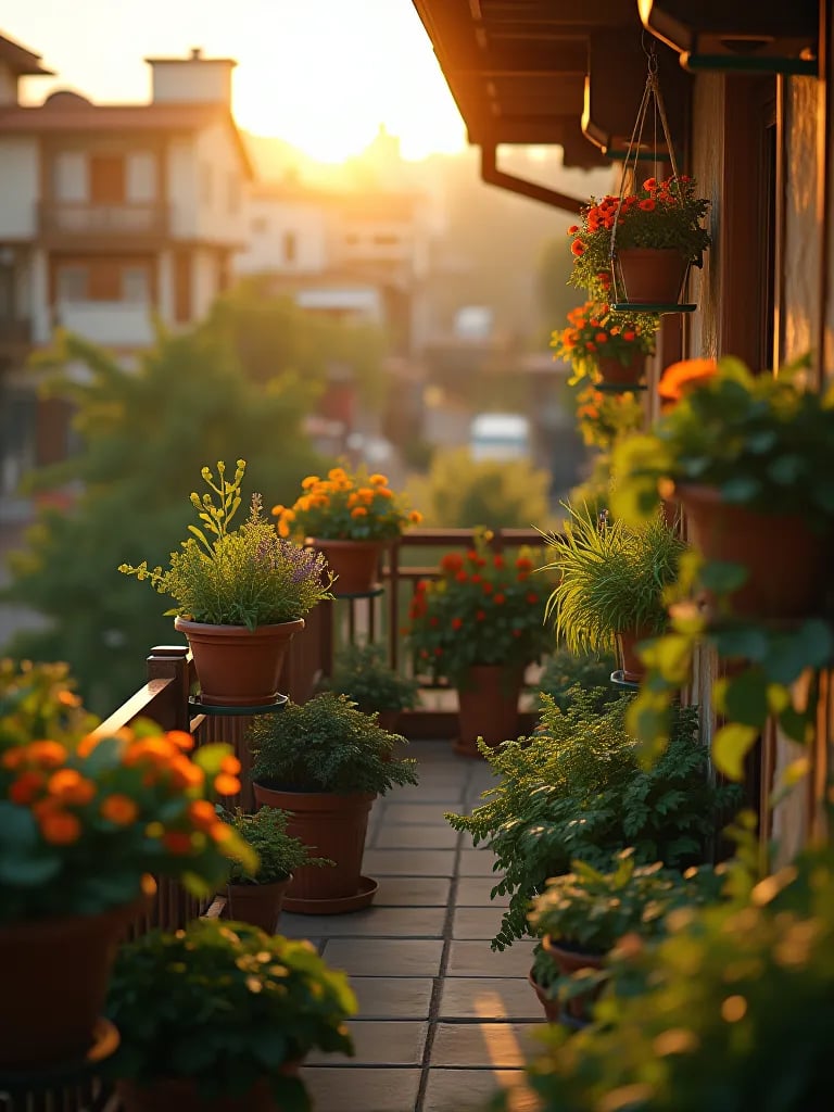 Lush balcony vegetable garden with hanging and railing containers
