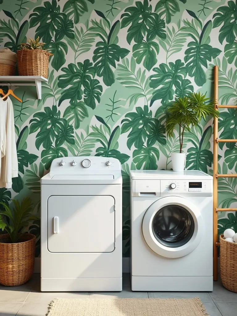 Lush laundry area featuring green and white tropical leaf wallpaper