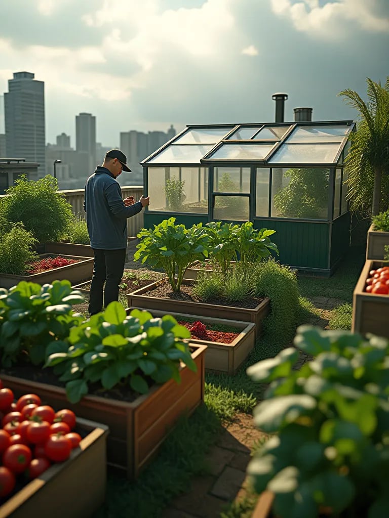 Lush rooftop vegetable garden with diverse container systems and greenhouse