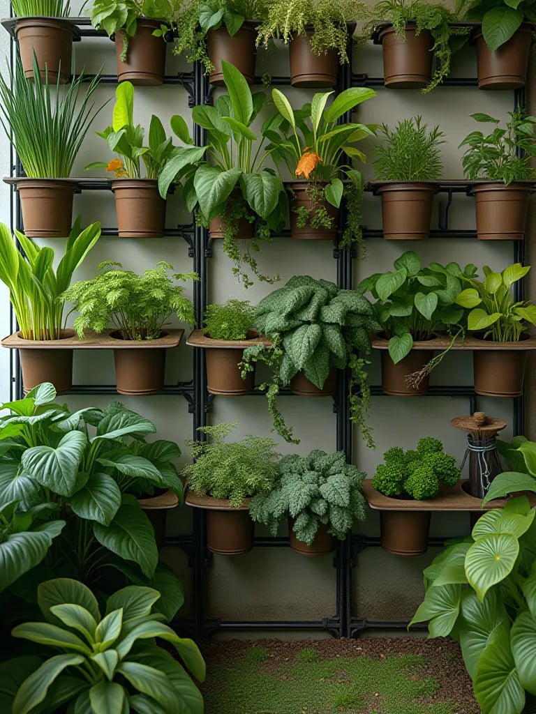 Lush vertical garden featuring assorted vegetables and herbs in tailored soil mixes