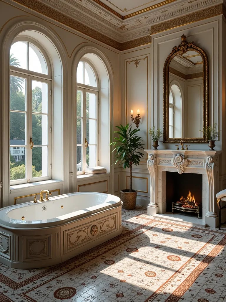 Luxe bathroom with Jacuzzi, mosaic floor, and arched windows