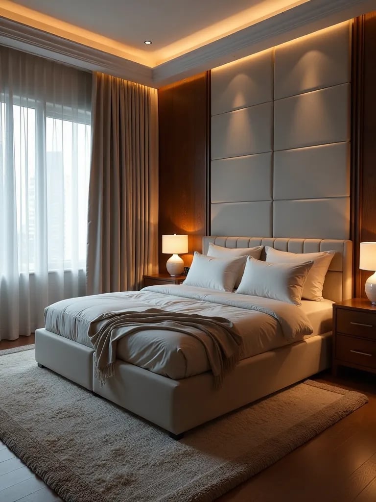 Luxe bedroom with hydraulic lift ottoman bed and mood lighting