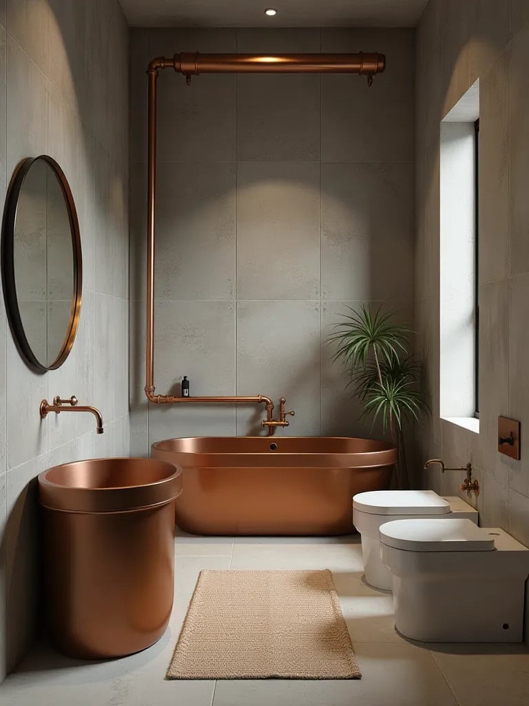 Luxe industrial bathroom featuring concrete, copper, and brass elements