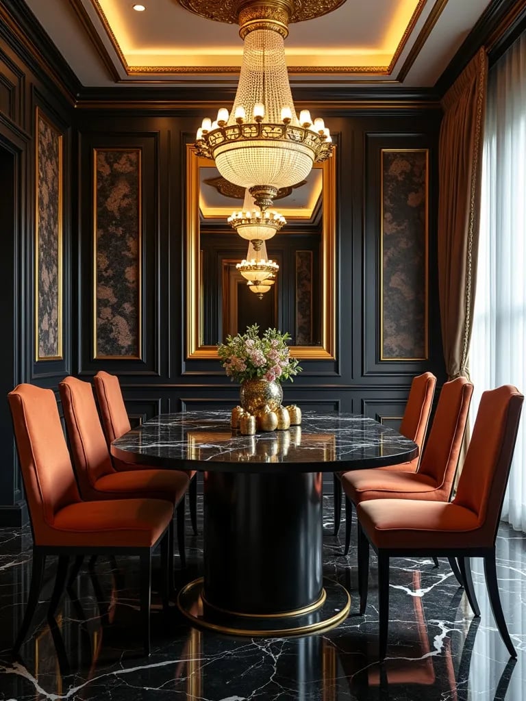 Luxurious Art Deco dining room with black marble floors
