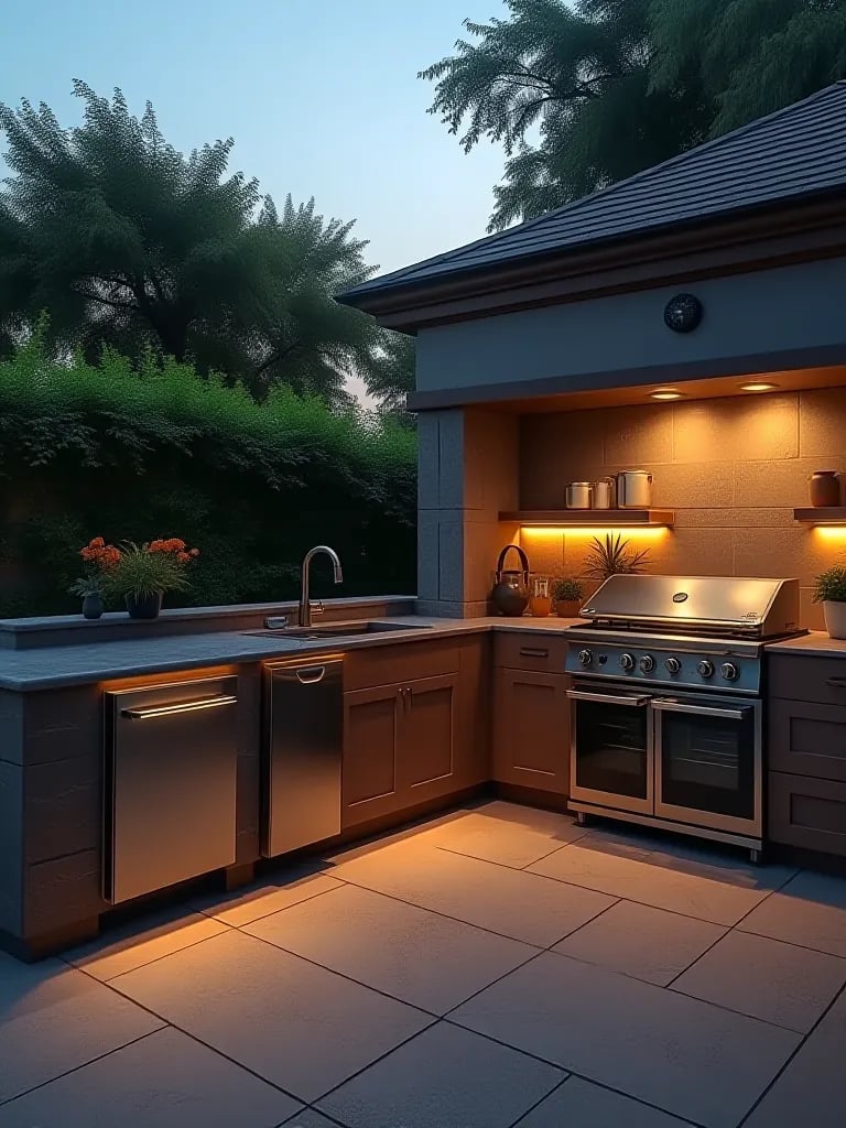 Luxurious L shaped outdoor kitchen at dusk with warm lighting