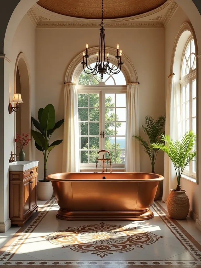 Luxurious Mediterranean style bathroom with arched windows and chandelier