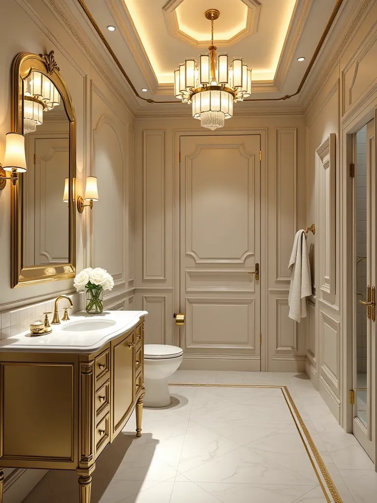 Luxurious bathroom featuring gold accented vanity and Art Deco elements