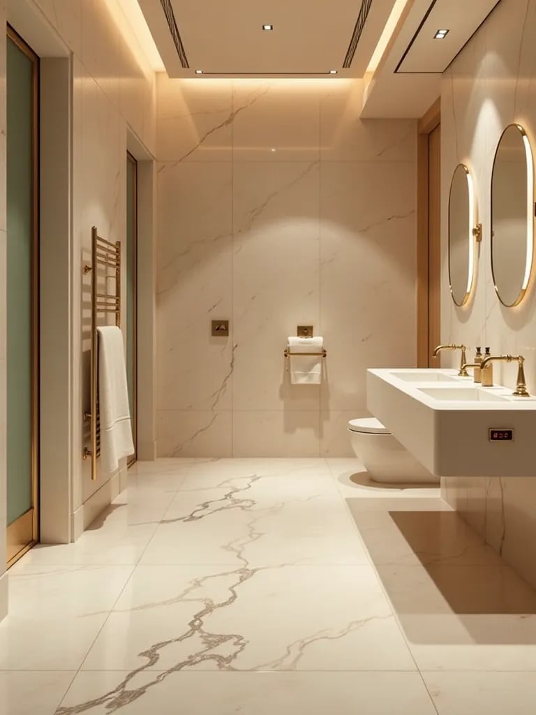 Luxurious bathroom with sauna room and picturesque garden view