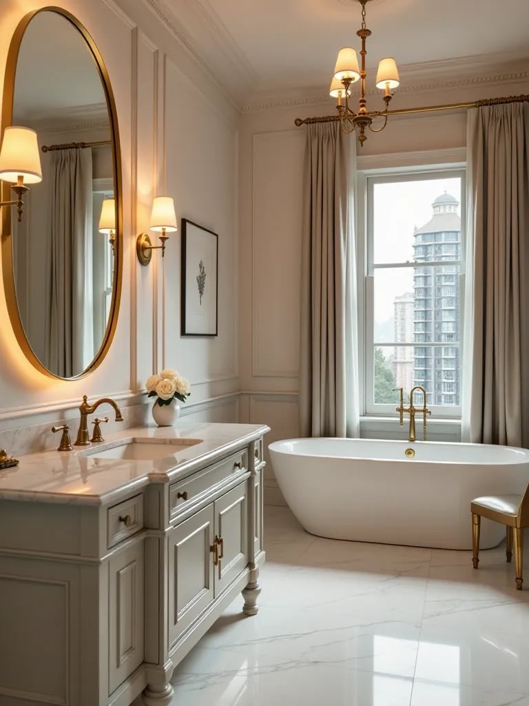 Luxurious bathroom with well lit vanity and bathtub