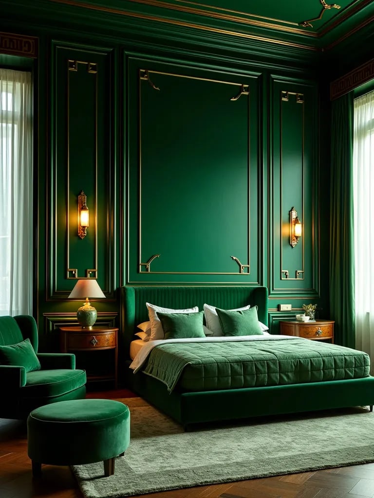 Luxurious bedroom featuring deep green walls and Art Deco elements