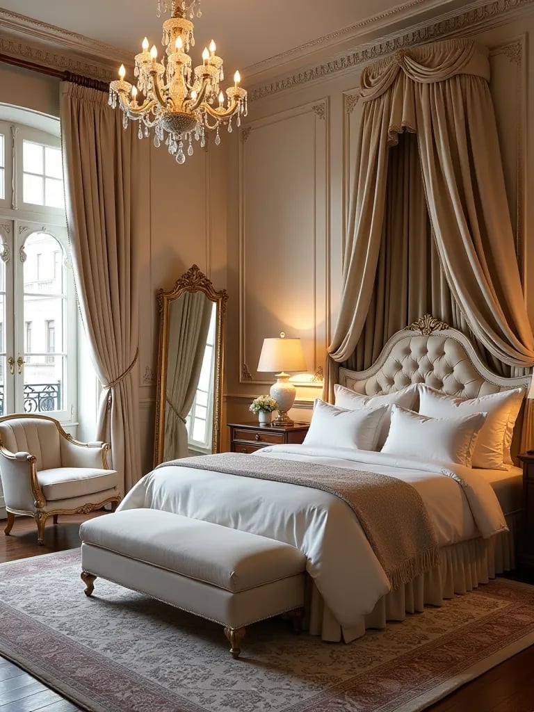 Luxurious bedroom suite with ornate furniture and soft lighting from crystal chandeliers