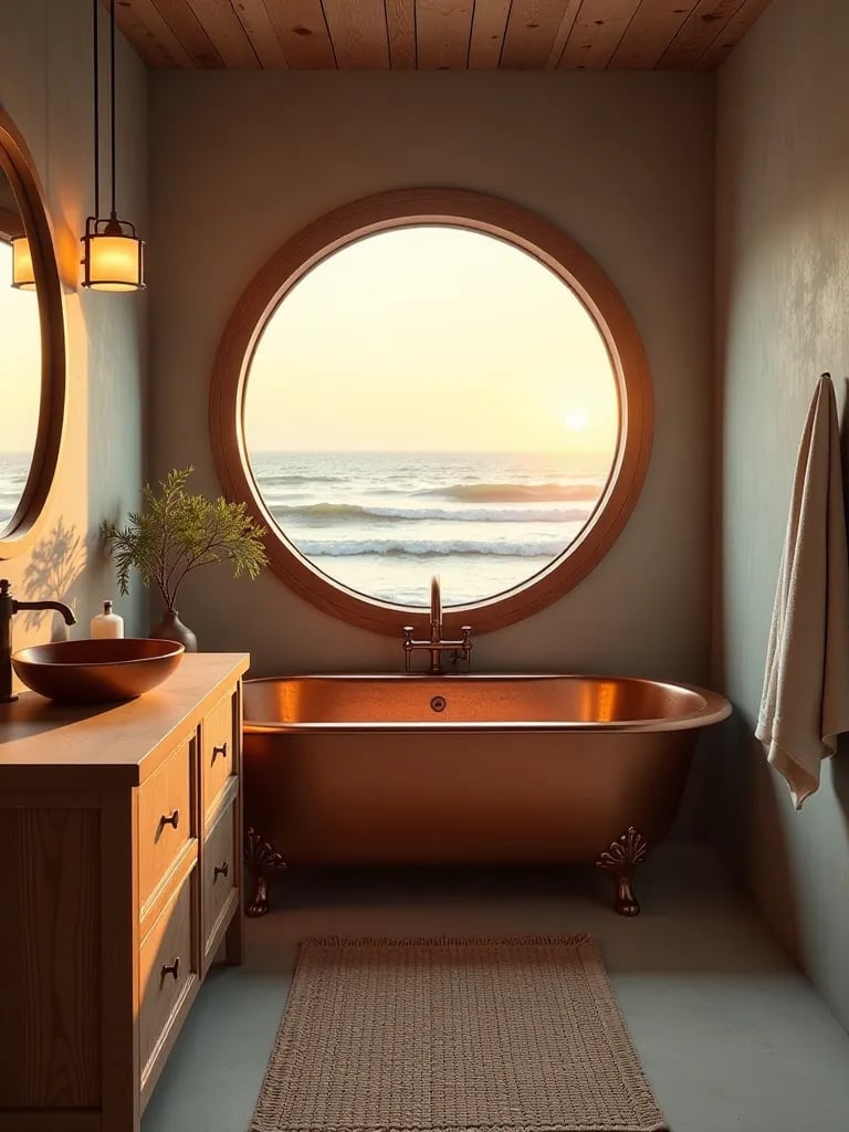 Luxurious coastal themed bathroom with ocean view and warm lighting