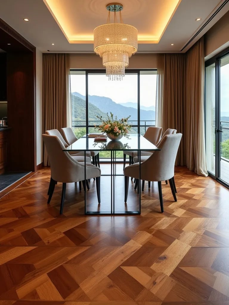 Luxurious dining room featuring exotic tigerwood hardwood floors