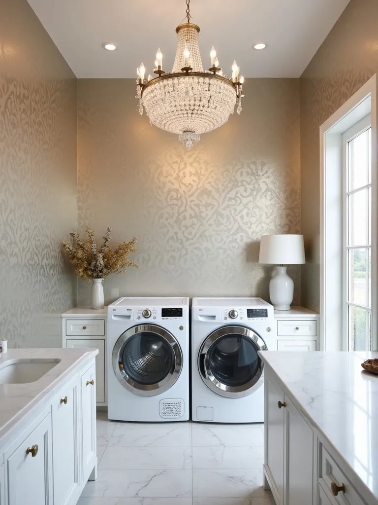 Luxurious laundry room with metallic damask wallpaper and crystal chandelier