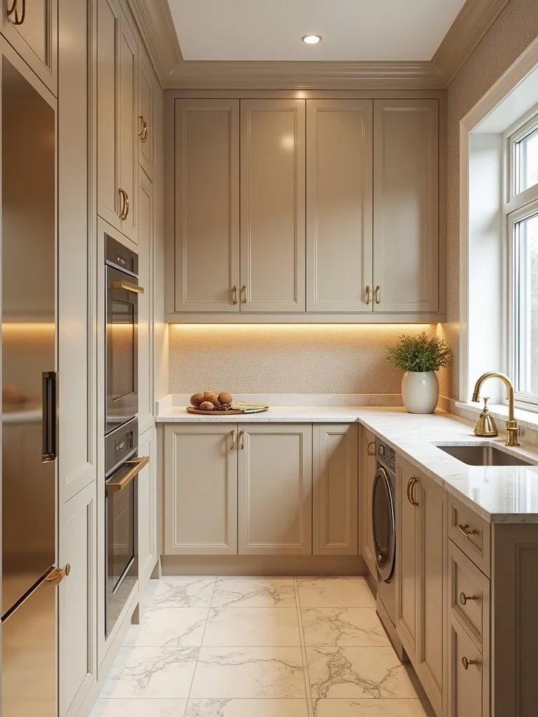 Luxurious laundry room with textured champagne wallpaper and gold appliance accents