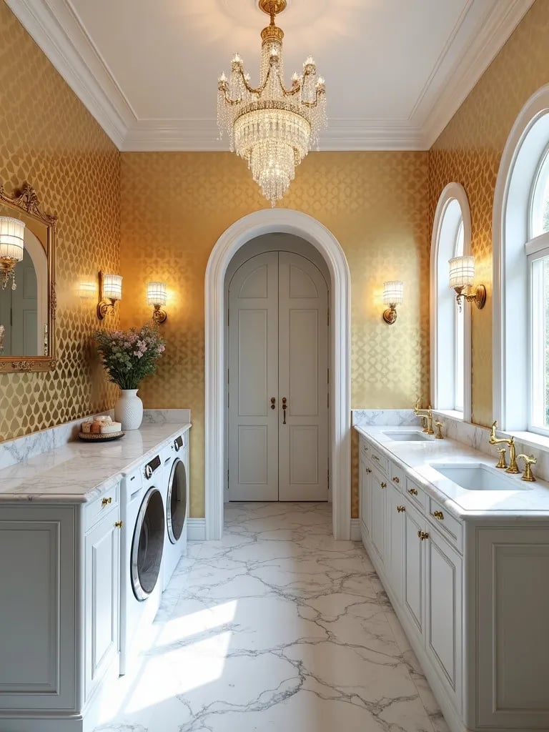 Luxurious laundry space featuring gold geometric wallpaper and marble accents
