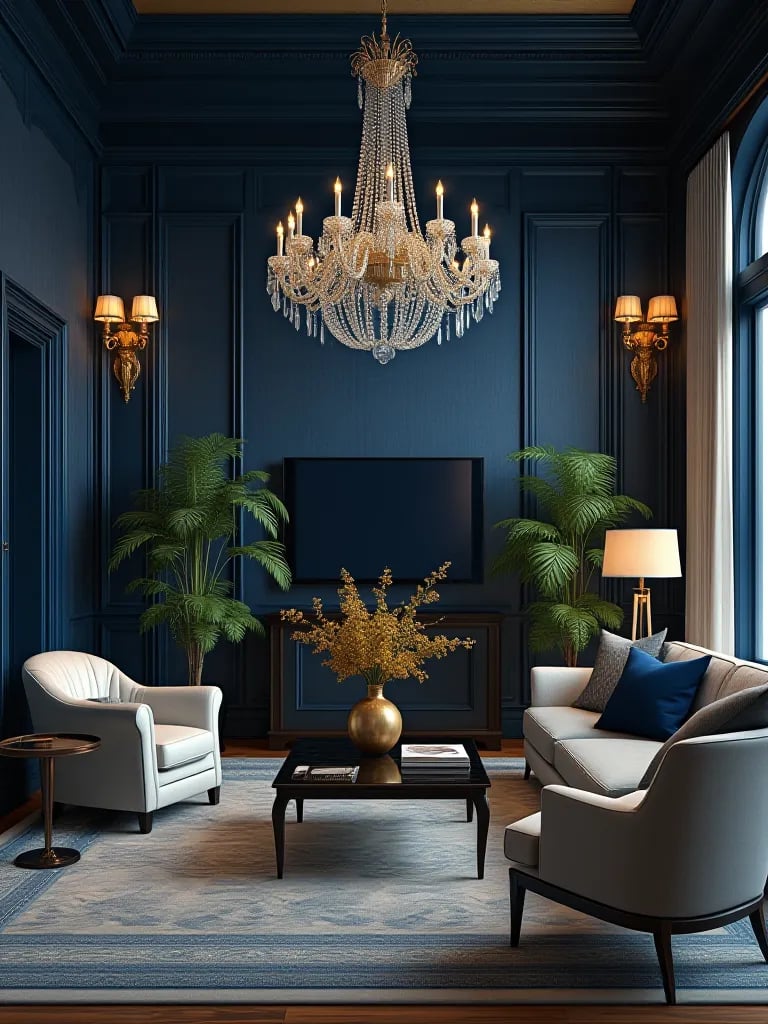 Luxurious living area with dark blue textured wall and chandelier
