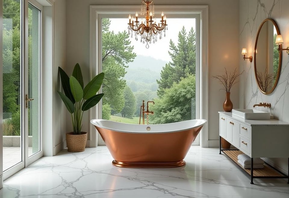 Luxurious marble bathroom with copper bathtub and crystal chandelier