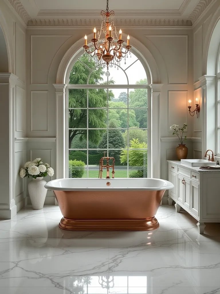 Luxurious marble bathroom with copper bathtub and crystal chandelier