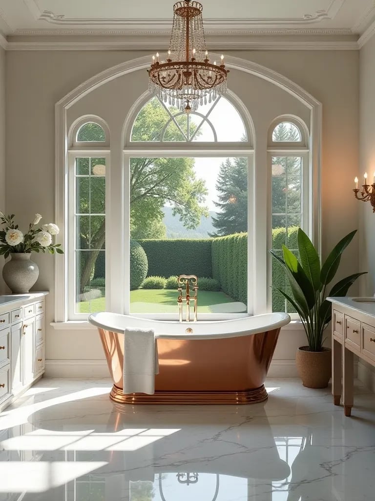 Luxurious marble bathroom with copper tub and crystal chandelier