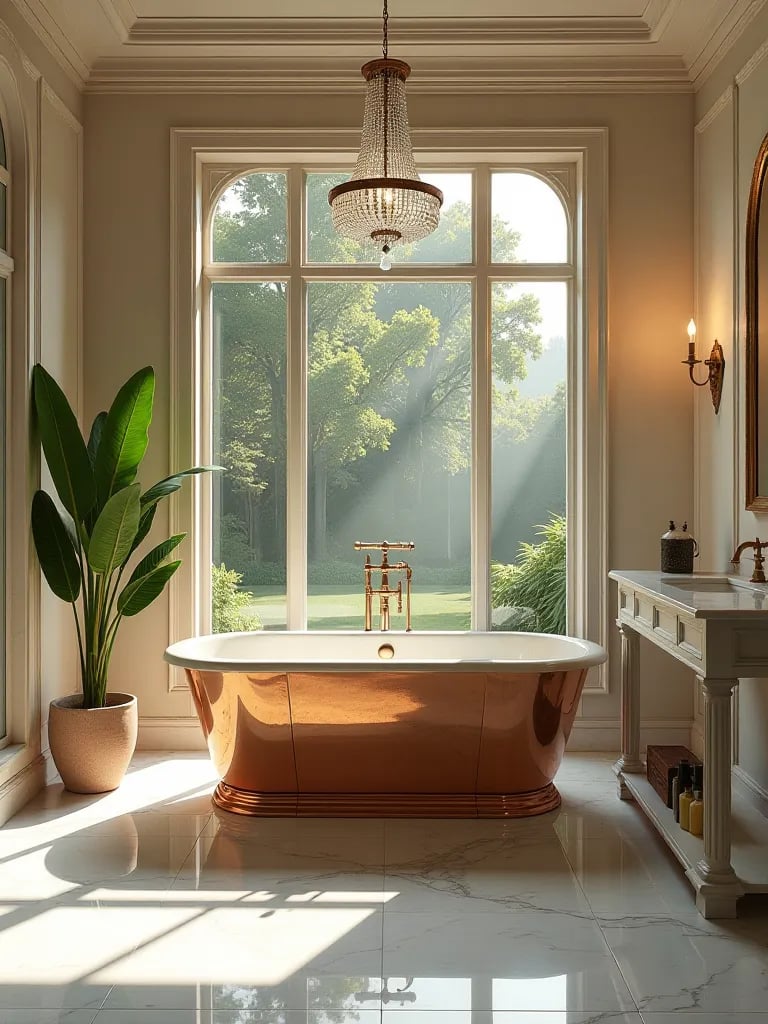 Luxurious marble bathroom with copper tub and garden view